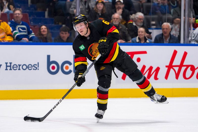 Mar 25, 2024; Vancouver, British Columbia, CAN; Vancouver Canucks forward Brock Boeser (6) shoots against the Los Angeles Kings in the third period at Rogers Arena. Kings won 3 -2. Mandatory Credit: Bob Frid-USA TODAY Sports