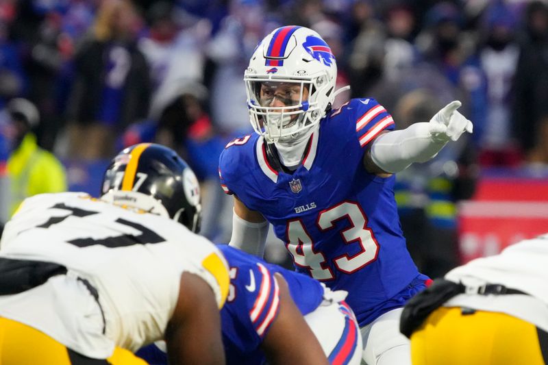 Buffalo Bills linebacker Terrel Bernard (43) lines up against the Pittsburgh Steelers during an NFL wild-card playoff football game, Monday, Jan. 15, 2024 in in Orchard Park, NY. (AP Photo/Rick Scuteri)