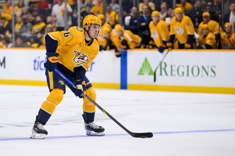 Oct 10, 2024; Nashville, Tennessee, USA; Nashville Predators left wing Cole Smith (36) skates against the Dallas Stars during the third period at Bridgestone Arena. Mandatory Credit: Steve Roberts-Imagn Images