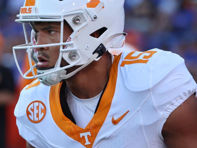 Sep 16, 2023; Gainesville, Florida, USA; Tennessee Volunteers wide receiver Bru McCoy (15) against the Florida Gators prior to the game at Ben Hill Griffin Stadium. Mandatory Credit: Kim Klement Neitzel-USA TODAY Sports