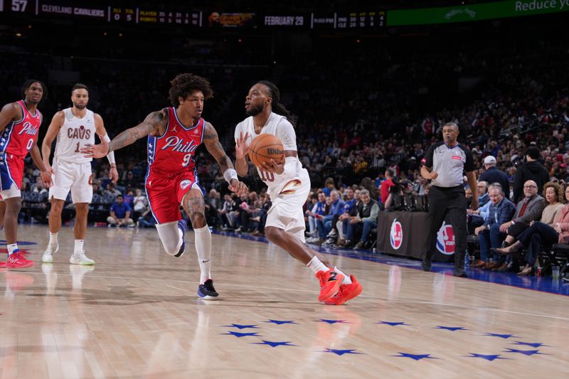 PHILADELPHIA, PA - FEBRUARY 23: Darius Garland #10 of the Cleveland Cavaliers dribbles the ball during the game against the Philadelphia 76ers on February 23, 2024 at the Wells Fargo Center in Philadelphia, Pennsylvania NOTE TO USER: User expressly acknowledges and agrees that, by downloading and/or using this Photograph, user is consenting to the terms and conditions of the Getty Images License Agreement. Mandatory Copyright Notice: Copyright 2024 NBAE (Photo by Jesse D. Garrabrant/NBAE via Getty Images)