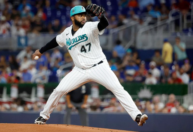 Sep 15, 2023; Miami, Florida, USA; Miami Marlins starting pitcher Johnny Cueto (47) pitches against the Atlanta Braves during the first inning at loanDepot Park. Mandatory Credit: Rhona Wise-USA TODAY Sports