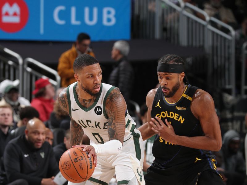 MILWAUKEE, WI - FEBRUARY 10: Damian Lillard #0 of the Milwaukee Bucks handles the ball during the game against the Golden State Warriors on February 10, 2025 at Fiserv Forum Center in Milwaukee, Wisconsin. NOTE TO USER: User expressly acknowledges and agrees that, by downloading and or using this Photograph, user is consenting to the terms and conditions of the Getty Images License Agreement. Mandatory Copyright Notice: Copyright 2025 NBAE (Photo by Gary Dineen/NBAE via Getty Images).