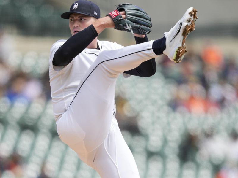 Apr 20, 2025; Detroit, Michigan, USA; Detroit Tigers pitcher Tarik Skubal (29) throws against the Kansas City Royals in the first inning at Comerica Park. Mandatory Credit: Aaron Doster-Imagn Images