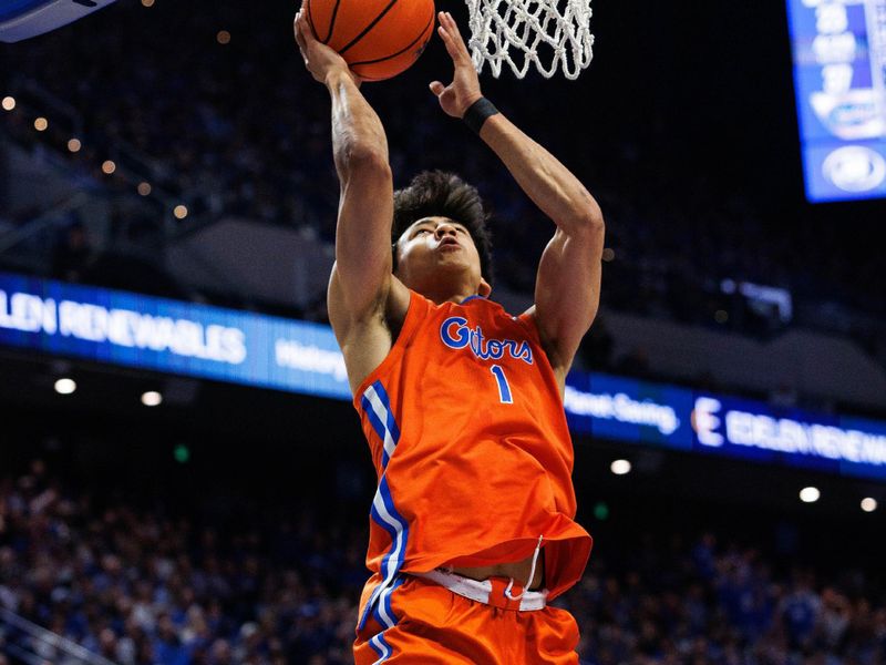 Mar 7, 2026; Lexington, Kentucky, USA; Florida Gators guard Xaivian Lee (1) goes to the basket during the first half against the Kentucky Wildcats at Rupp Arena at Central Bank Center. Mandatory Credit: Jordan Prather-Imagn Images