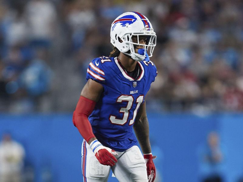 Buffalo Bills safety Damar Hamlin (31) lines up on defense during an NFL preseason football game against the Carolina Panthers, Saturday, Aug. 26, 2022, in Charlotte, N.C. (AP Photo/Brian Westerholt)