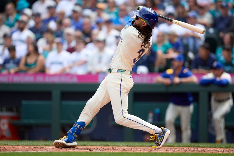 Aug 3, 2025; Seattle, Washington, USA; Seattle Mariners shortstop J.P. Crawford (3) hits a 2 RBI home run off Texas Rangers starting pitcher Jacob deGrom (48) during the fourth  at T-Mobile Park. Mandatory Credit: John Froschauer-Imagn Images