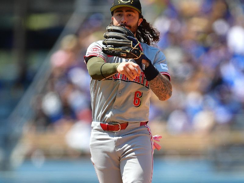 May 19, 2024; Los Angeles, California, USA; Cincinnati Reds second base Jonathan India (6) throws to first for the out against Los Angeles Dodgers second baseman Gavin Lux (9) during the sixth inning at Dodger Stadium. Mandatory Credit: Gary A. Vasquez-USA TODAY Sports