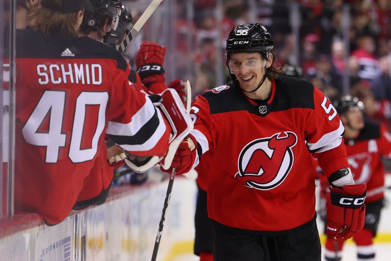 Mar 7, 2023; Newark, New Jersey, USA; New Jersey Devils left wing Erik Haula (56) celebrates his goal against the Toronto Maple Leafs during the third period at Prudential Center. Mandatory Credit: Ed Mulholland-USA TODAY Sports