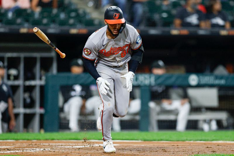 Sep 16, 2025; Chicago, Illinois, USA; Baltimore Orioles third baseman Jeremiah Jackson (82) runs after hitting an RBI-double against the Chicago White Sox during the third inning at Rate Field. Mandatory Credit: Kamil Krzaczynski-Imagn Images