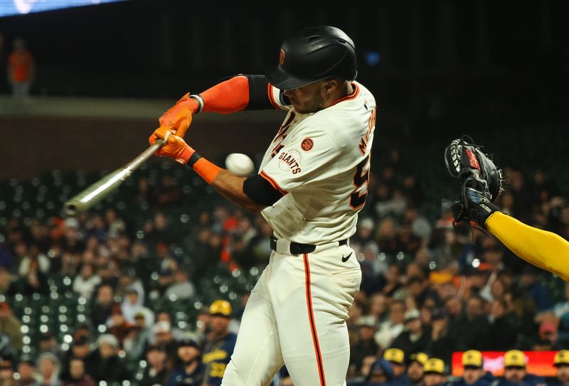 Sep 12, 2024; San Francisco, California, USA; San Francisco Giants center fielder Grant McCray (58) strikes out against the Milwaukee Brewers during the ninth inning at Oracle Park. Mandatory Credit: Kelley L Cox-Imagn Images