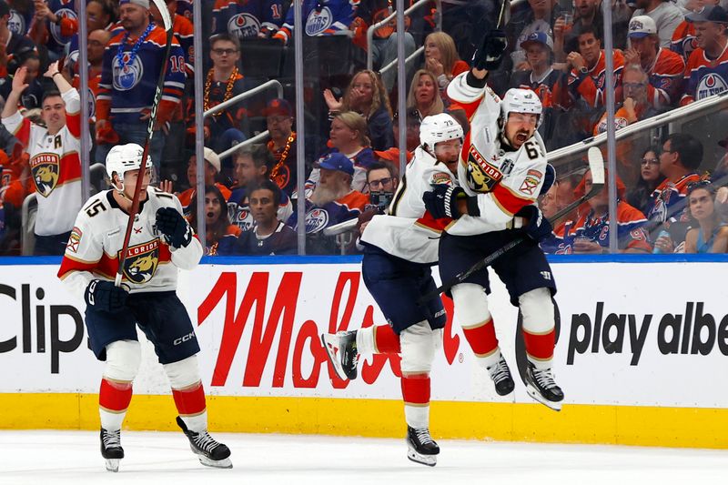Jun 6, 2025; Edmonton, Alberta, CAN; Florida Panthers center Brad Marchand (63) reacts after making the game winning goal against the Edmonton Oilers during double overtime in game two of the 2025 Stanley Cup Final at Rogers Place. Mandatory Credit: Perry Nelson-Imagn Images