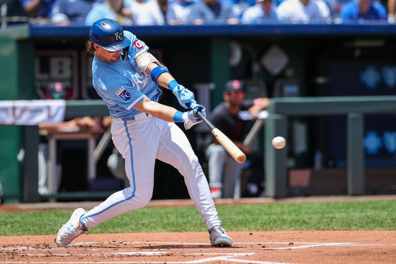 Jun 30, 2024; Kansas City, Missouri, USA; Kansas City Royals shortstop Bobby Witt Jr. (7) at bat during the first inning against the Cleveland Guardians at Kauffman Stadium. Mandatory Credit: William Purnell-USA TODAY Sports