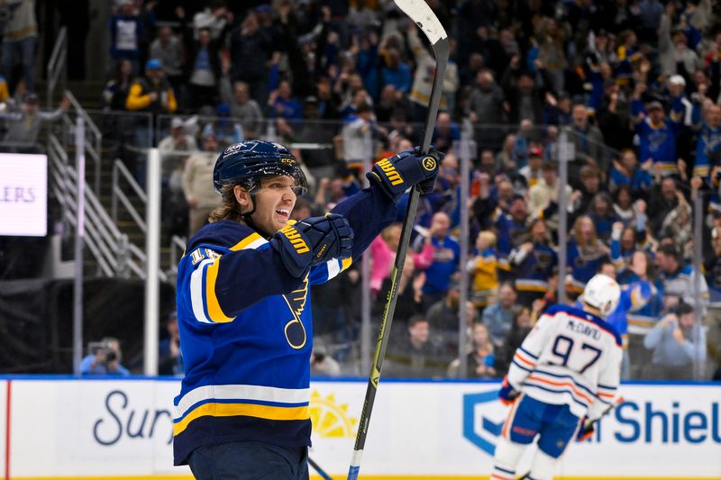 Nov 3, 2025; St. Louis, Missouri, USA; St. Louis Blues center Robert Thomas (18) reacts after scoring the game tying goal against the Edmonton Oilers during the second period at Enterprise Center. Mandatory Credit: Jeff Curry-Imagn Images