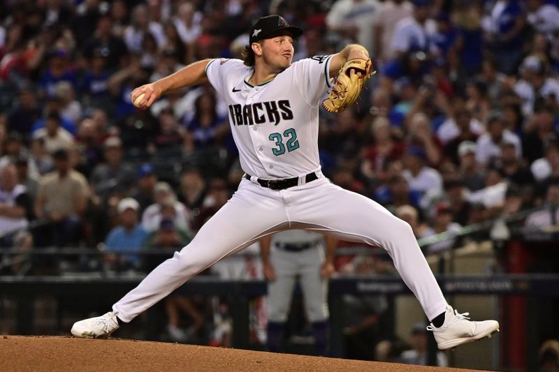 Oct 11, 2023; Phoenix, Arizona, USA; Arizona Diamondbacks starting pitcher Brandon Pfaadt (32) throws a pitch against the Los Angeles Dodgers in the first inning for game three of the NLDS for the 2023 MLB playoffs at Chase Field. Mandatory Credit: Matt Kartozian-USA TODAY Sports