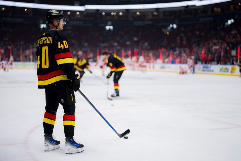 Feb 15, 2024; Vancouver, British Columbia, CAN; Vancouver Canucks forward Elias Pettersson (40) rests during warm up prior to a game against the Detroit Red Wings at Rogers Arena.  Mandatory Credit: Bob Frid-USA TODAY Sports