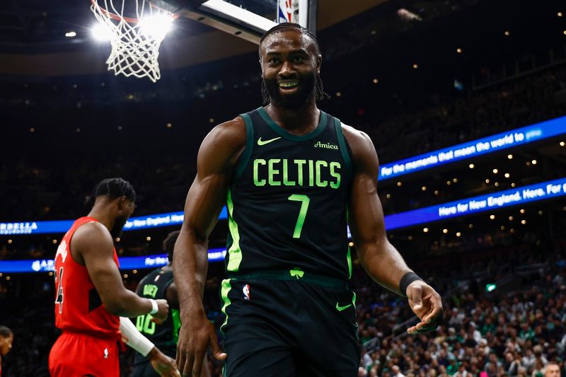 BOSTON, MA - NOVEMBER 16: Jaylen Brown #7 of the Boston Celtics smiles after being fouled going to the basket during the first quarter against the Toronto Raptors at TD Garden on November 16, 2024 in Boston, Massachusetts. NOTE TO USER: User expressly acknowledges and agrees that, by downloading and/or using this Photograph, user is consenting to the terms and conditions of the Getty Images License Agreement. (Photo By Winslow Townson/Getty Images)