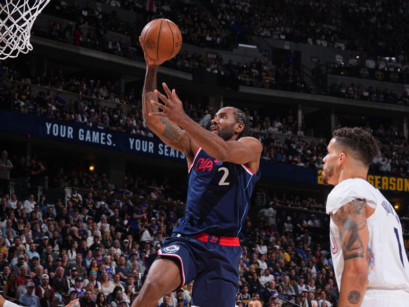 DENVER, CO - APRIL 29:  Kawhi Leonard #2 of the LA Clippers drives to the basket during the game against the Denver Nuggets on April 29, 2025 at Ball Arena in Denver, Colorado. NOTE TO USER: User expressly acknowledges and agrees that, by downloading and/or using this Photograph, user is consenting to the terms and conditions of the Getty Images License Agreement. Mandatory Copyright Notice: Copyright 2025 NBAE (Photo by Garrett Ellwood/NBAE via Getty Images)