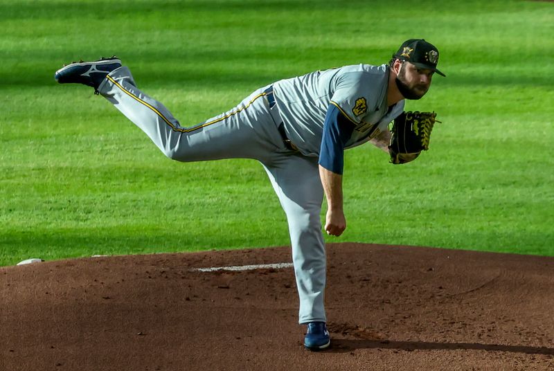 May 18, 2024; Houston, Texas, USA; Milwaukee Brewers starting pitcher Bryse Wilson (46) pitches against the Houston Astros in the second inning at Minute Maid Park. Mandatory Credit: Thomas Shea-USA TODAY Sports