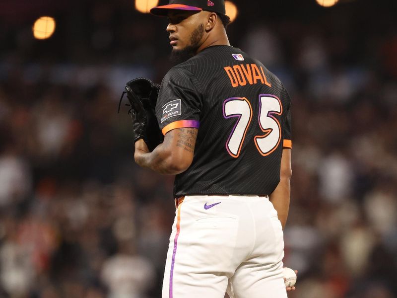 Jun 3, 2025; San Francisco, California, USA;  San Francisco Giants relief pitcher Camilo Doval (75) on the mound against the San Diego Padres during the ninth inning at Oracle Park. Mandatory Credit: Kelley L Cox-Imagn Images