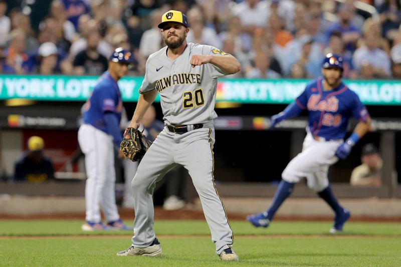 Jun 28, 2023; New York City, New York, USA; Milwaukee Brewers starting pitcher Wade Miley (20) reacts after inducing an inning ending double play during the fourth inning against the New York Mets at Citi Field. Mandatory Credit: Brad Penner-USA TODAY Sports