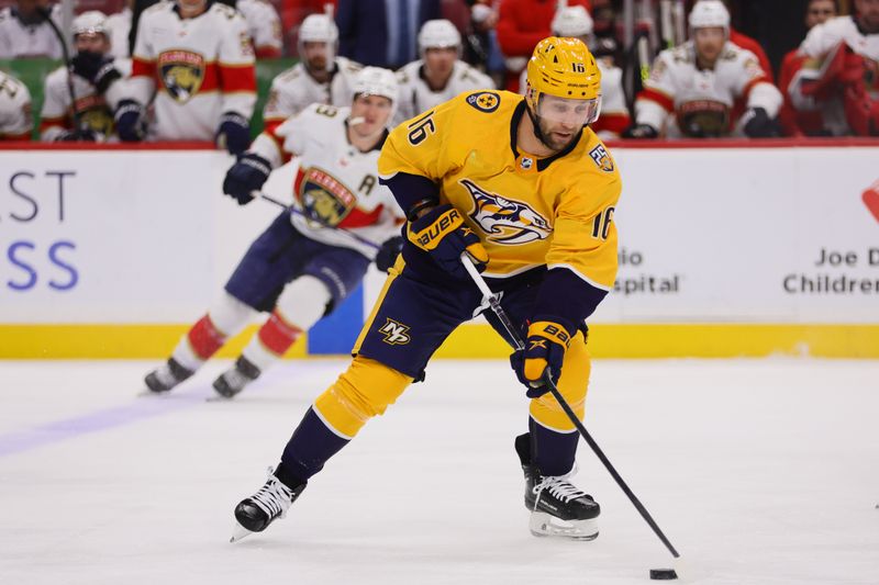 Mar 21, 2024; Sunrise, Florida, USA; Nashville Predators left wing Jason Zucker (16) moves the puck against the Florida Panthers during the first period at Amerant Bank Arena. Mandatory Credit: Sam Navarro-USA TODAY Sports