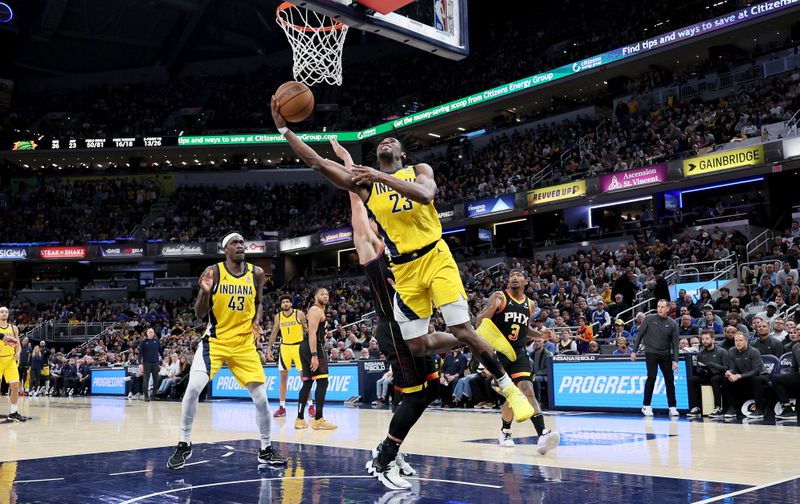 INDIANAPOLIS, INDIANA - JANUARY 26: Aaron Nesmith #23 of the Indiana Pacers shoots the ball while defended by Grayson Allen #8 of the Phoenix Suns in the second half of the Pacers 133-131 win at Gainbridge Fieldhouse on January 26, 2024 in Indianapolis, Indiana.    NOTE TO USER: User expressly acknowledges and agrees that, by downloading and or using this photograph, User is consenting to the terms and conditions of the Getty Images License Agreement.  (Photo by Andy Lyons/Getty Images)