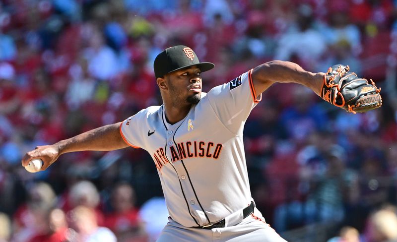 Sep 7, 2025; St. Louis, Missouri, USA; San Francisco Giants pitcher Joel Peguero (63) pitches against the St. Louis Cardinals at Busch Stadium. Mandatory Credit: Tim Vizer-Imagn Images