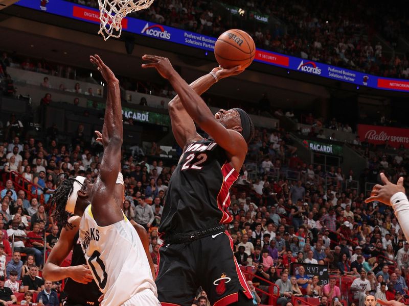 MIAMI, FL - MARCH 2: Jimmy Butler #22 of the Miami Heat drives to the basket during the game against the Utah Jazz on March 2, 2024 at Kaseya Center in Miami, Florida. NOTE TO USER: User expressly acknowledges and agrees that, by downloading and or using this Photograph, user is consenting to the terms and conditions of the Getty Images License Agreement. Mandatory Copyright Notice: Copyright 2024 NBAE (Photo by Issac Baldizon/NBAE via Getty Images)