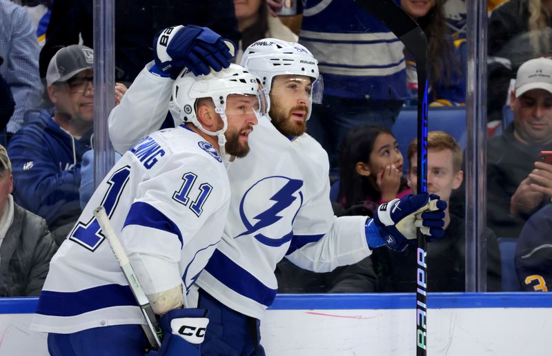 Jan 20, 2024; Buffalo, New York, USA;  Tampa Bay Lightning center Tyler Motte (64) celebrates his goal with center Luke Glendening (11) during the first period against the Buffalo Sabres at KeyBank Center. Mandatory Credit: Timothy T. Ludwig-USA TODAY Sports