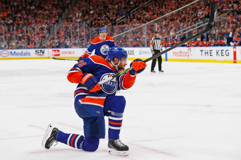 Apr 10, 2024; Edmonton, Alberta, CAN; Edmonton Oilers forward Leon Draisaitl (29) scores a goal during the third period against the Vegas Golden Knights at Rogers Place. Mandatory Credit: Perry Nelson-USA TODAY Sports