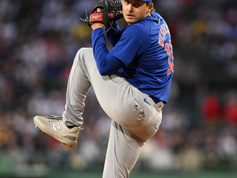 Apr 28, 2024; Boston, Massachusetts, USA; Chicago Cubs relief pitcher Hayden Wesneski (19) pitches against the Boston Red Sox during the first inning at Fenway Park. Mandatory Credit: Brian Fluharty-USA TODAY Sports
