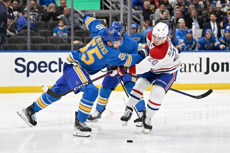 Nov 4, 2023; St. Louis, Missouri, USA; St. Louis Blues defenseman Colton Parayko (55) defends against Montreal Canadiens left wing Juraj Slafkovsky (20) during the third period at Enterprise Center. Mandatory Credit: Jeff Le-USA TODAY Sports