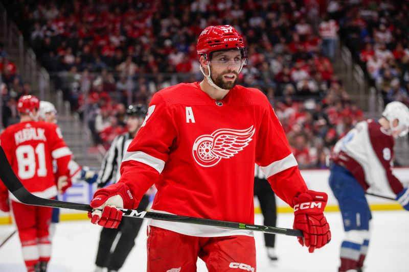 Mar 18, 2023; Detroit, Michigan, USA; Detroit Red Wings left wing David Perron (57) looks on during the second period at Little Caesars Arena. Mandatory Credit: Brian Bradshaw Sevald-USA TODAY Sports