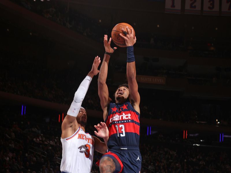 NEW YORK, NY - NOVEMBER 18: Jordan Poole #13 of the Washington Wizards drives to the basket during the game against the New York Knicks on November 18, 2024 at Madison Square Garden in New York City, New York.  NOTE TO USER: User expressly acknowledges and agrees that, by downloading and or using this photograph, User is consenting to the terms and conditions of the Getty Images License Agreement. Mandatory Copyright Notice: Copyright 2024 NBAE  (Photo by Nathaniel S. Butler/NBAE via Getty Images)