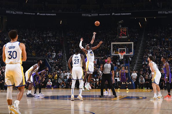 SAN FRANCISCO, CA - OCTOBER 18: The tip-off of the game between the Los Angeles Lakers and the Golden State Warriors on October 18, 2022 at Chase Center in San Francisco, California. NOTE TO USER: User expressly acknowledges and agrees that, by downloading and or using this photograph, user is consenting to the terms and conditions of Getty Images License Agreement. Mandatory Copyright Notice: Copyright 2022 NBAE (Photo by Noah Graham/NBAE via Getty Images)