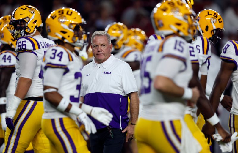 Nov 4, 2023; Tuscaloosa, Alabama, USA; LSU Tigers head coach Brian Kelly looks on before the first half at Bryant-Denny Stadium. Mandatory Credit: Butch Dill-USA TODAY Sports