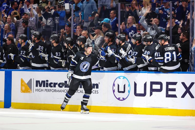 Mar 14, 2026; Tampa, Florida, USA; Tampa Bay Lightning forward Yanni Gourde (37) celebrates a goal with the bench against the Carolina Hurricanes in the second period at Benchmark International Arena. Mandatory Credit: Morgan Tencza-Imagn Images Mar 14, 2026; Tampa, Florida, USA; Tampa Bay Lightning forward Yanni Gourde (37) celebrates a goal with the bench against the Carolina Hurricanes in the second period at Benchmark International Arena. Mandatory Credit: Morgan Tencza-Imagn Images