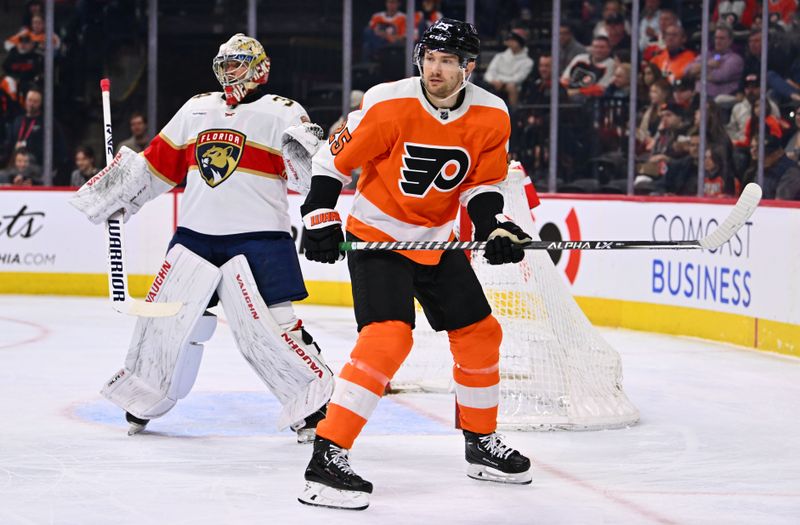 Mar 21, 2023; Philadelphia, Pennsylvania, USA; Philadelphia Flyers left wing James van Riemsdyk (25) looks on against the Florida Panthers in the first period at Wells Fargo Center. Mandatory Credit: Kyle Ross-USA TODAY Sports