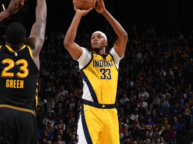 SAN FRANCISCO, CA - MARCH 22: Myles Turner #33 of the Indiana Pacers shoots the ball during the game against the Golden State Warriors on March 22, 2024 at Chase Center in San Francisco, California. NOTE TO USER: User expressly acknowledges and agrees that, by downloading and or using this photograph, user is consenting to the terms and conditions of Getty Images License Agreement. Mandatory Copyright Notice: Copyright 2024 NBAE (Photo by Noah Graham/NBAE via Getty Images)