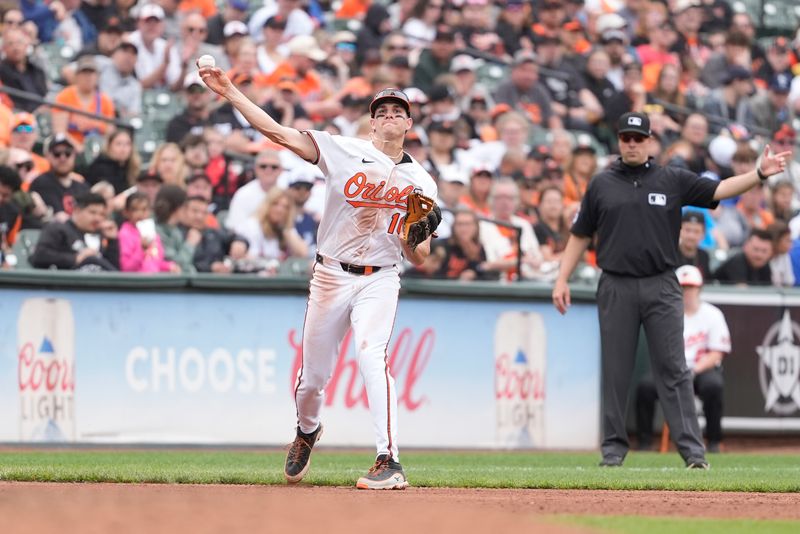 May 4, 2025; Baltimore, Maryland, USA; Baltimore Orioles pitcher Tomoyuki Sugano (19) throws out Kansas City Royals right fielder Hunter Renfroe (16) (not pictured) after fielding a ground ball during the sixth inning at Oriole Park at Camden Yards. Mandatory Credit: Gregory Fisher-Imagn Images