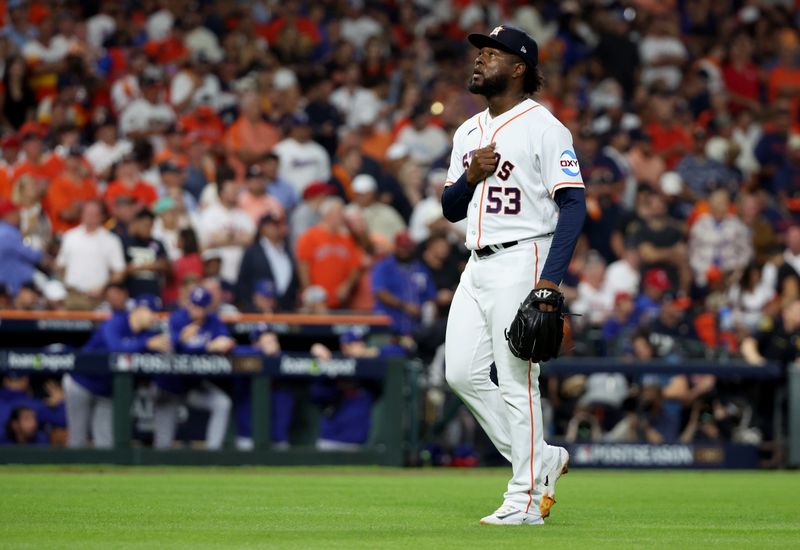 Oct 23, 2023; Houston, Texas, USA; Houston Astros pitcher Cristian Javier (53) is removed from the game during the first inning of game seven in the ALCS against the Texas Rangers for the 2023 MLB playoffs at Minute Maid Park. Mandatory Credit: Erik Williams-USA TODAY Sports