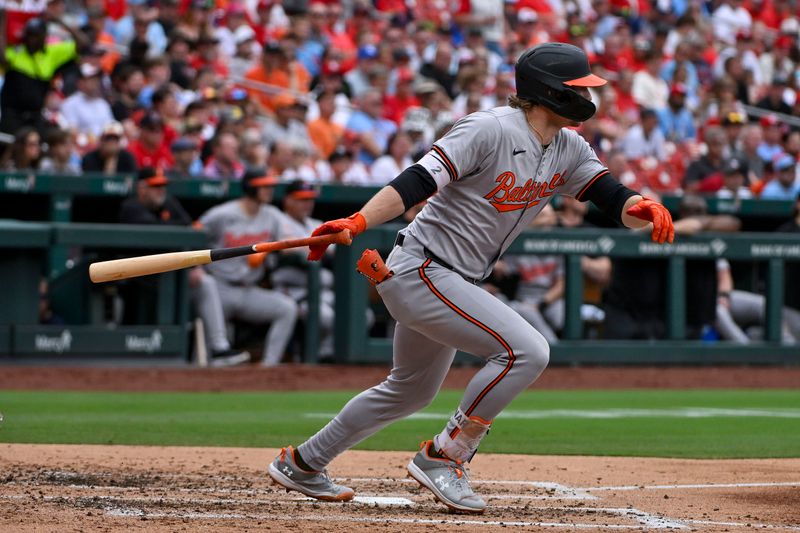 May 22, 2024; St. Louis, Missouri, USA;  Baltimore Orioles shortstop Gunnar Henderson (2) hits a one run single against the St. Louis Cardinals during the third inning at Busch Stadium. Mandatory Credit: Jeff Curry-USA TODAY Sports