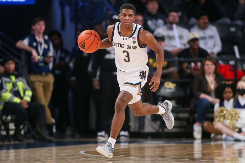 Jan 9, 2024; Atlanta, Georgia, USA; Notre Dame Fighting Irish guard Markus Burton (3) dribbles against the Georgia Tech Yellow Jackets in the first half at McCamish Pavilion. Mandatory Credit: Brett Davis-USA TODAY Sports