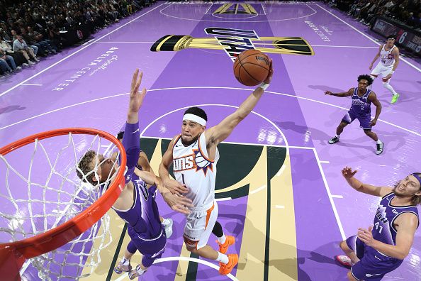 SALT LAKE CITY, UT - NOVEMBER 17: Devin Booker #1 of the Phoenix Suns dunks the ball during the game against the Utah Jazz during the In-Season Tournament on November 17, 2023 at vivint.SmartHome Arena in Salt Lake City, Utah. NOTE TO USER: User expressly acknowledges and agrees that, by downloading and or using this Photograph, User is consenting to the terms and conditions of the Getty Images License Agreement. Mandatory Copyright Notice: Copyright 2023 NBAE (Photo by Melissa Majchrzak/NBAE via Getty Images)