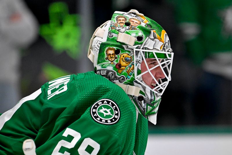 Feb 29, 2024; Dallas, Texas, USA; A view of the new goalie mask of Dallas Stars goaltender Jake Oettinger (29) as he faces the Winnipeg Jets attack during the first period at the American Airlines Center. Mandatory Credit: Jerome Miron-USA TODAY Sports