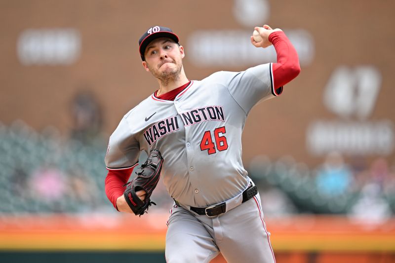 Jun 13, 2024; Detroit, Michigan, USA;  Washington Nationals starting pitcher Patrick Corbin (46) throws a pitch against the Detroit Tigers in the second inning at Comerica Park. Mandatory Credit: Lon Horwedel-USA TODAY Sports