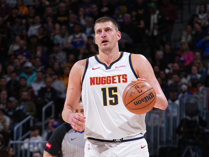 DENVER, CO - FEBRUARY 28: Nikola Jokic #15 of the Denver Nuggets looks on during the game against the Sacramento Kings on February 28, 2024 at the Ball Arena in Denver, Colorado. NOTE TO USER: User expressly acknowledges and agrees that, by downloading and/or using this Photograph, user is consenting to the terms and conditions of the Getty Images License Agreement. Mandatory Copyright Notice: Copyright 2024 NBAE (Photo by Garrett Ellwood/NBAE via Getty Images)