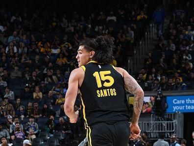 SAN FRANCISCO, CA - DECEMBER 22: Gui Santos #15 of the Golden State Warriors looks on during the game against the Washington Wizards on December 22, 2023 at Chase Center in San Francisco, California. NOTE TO USER: User expressly acknowledges and agrees that, by downloading and or using this photograph, user is consenting to the terms and conditions of Getty Images License Agreement. Mandatory Copyright Notice: Copyright 2023 NBAE (Photo by Noah Graham/NBAE via Getty Images)