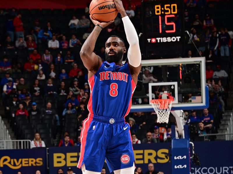 DETROIT, MI - NOVEMBER 8: Tim Hardaway Jr. #8 of the Detroit Pistons shoots the ball during the game against the Atlanta Hawks on November  8, 2024 at Little Caesars Arena in Detroit, Michigan. NOTE TO USER: User expressly acknowledges and agrees that, by downloading and/or using this photograph, User is consenting to the terms and conditions of the Getty Images License Agreement. Mandatory Copyright Notice: Copyright 2024 NBAE (Photo by Chris Schwegler/NBAE via Getty Images)